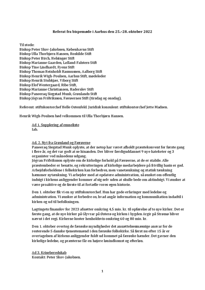 Referat af bispemøde oktober 2022