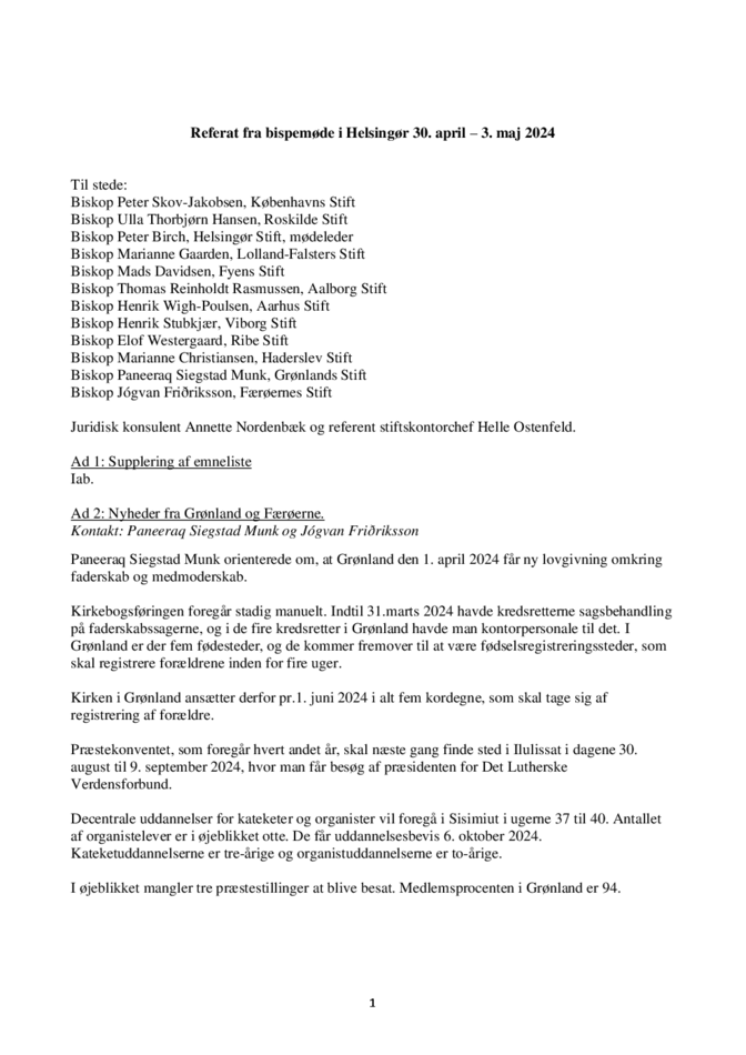 Referat fra bispemøde i Helsingør 30 april - 3 maj 2024