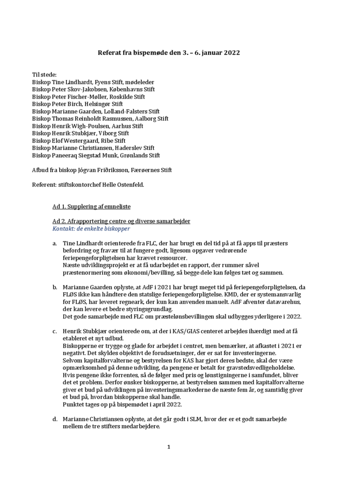 Referat fra bispemøde den 3. – 6. januar 2022